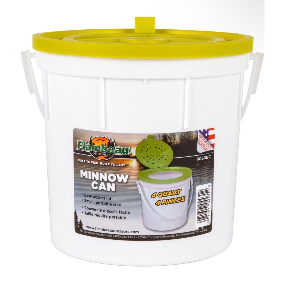Flambeau Outdoors 4 Quart Minnow Can Bait Bucket White Green 6060BC USA Made
